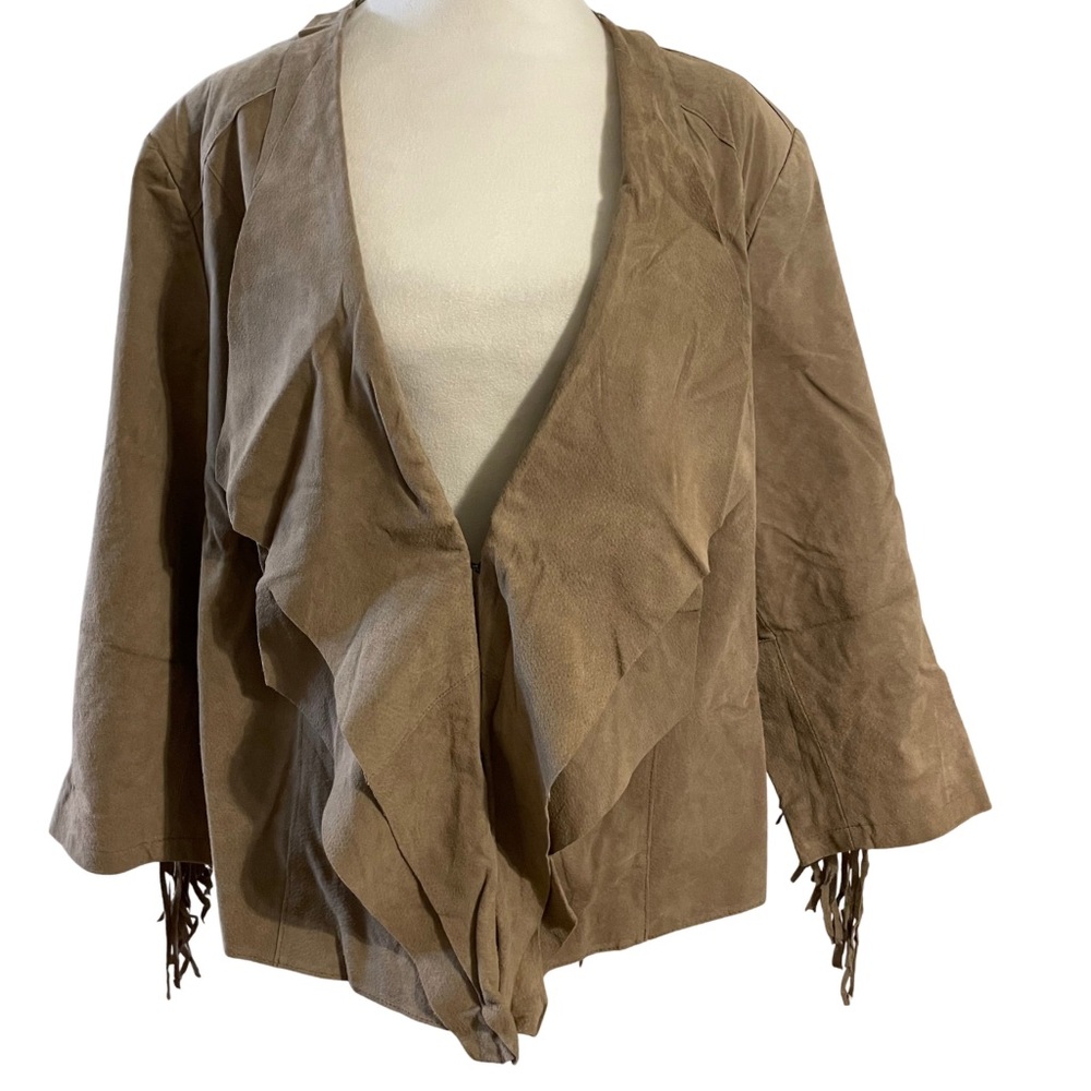 VINTAGE NWT JESSICA LONDON Suede Fringe Waterfall Jacket Tan Plus Size Y2K Boho - Picture 3 of 13